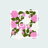 istock Floral background isolated frame in rose flowers leaves with text, on blue background. 1311612028