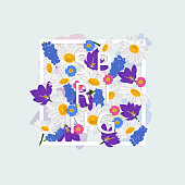 istock Floral background, isolated frame in spring flowers on blue background. Vector illustration. 1307768259