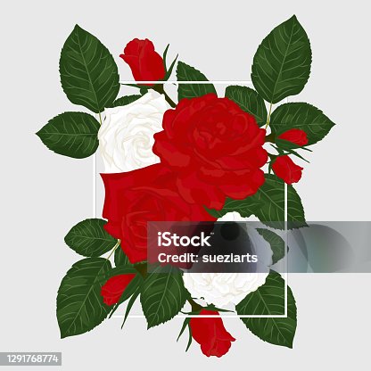 istock Floral background vintage roses, leaves and buds frame. Vector illustration 1291768774