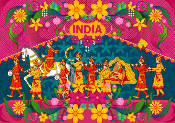 Floral background with Indian wedding baraat showing Incredible India Floral background with Indian wedding baraat showing Incredible India in vector indian bride stock illustrations