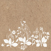 Vector illustration with wildflowers, design element on kraft paper. Invitation, greeting card.