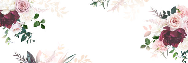 Floral banner arranged from leaves and flowers. Peony, greenery and roses card. Floral banner arranged from leaves and flowers. Peony, greenery and roses card. Stylish fashion frame. Dusty pink light. Wedding design. Blush, green, white, burgundy tones. Isolated and editable wedding backgrounds stock illustrations