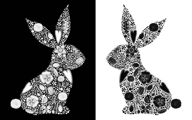 Floral black silhouette of an Easter Bunny. Cute vector illustration. easter sunday stock illustrations