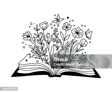 istock Floral Book isolated clipart, Opened book and wildflowers boho decorative composition, flower daisy bouquet and buyyerfly - black and white vector illustration 1340657509