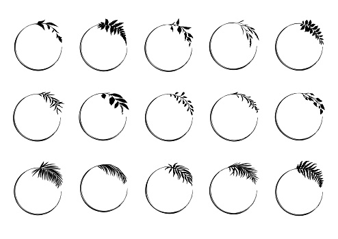 Floral circle frames set. Round black frames with herbs and leaves. Vector illustration.