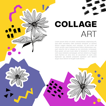 Floral Collage Elements, Banner from collage elements Vibrant mixed media abstract. Vector illustration, All objects are isolated