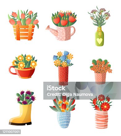 istock Floral composition set flowers in vase different shapes and size isolated on white background 1211007001