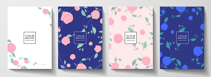 Floral cover page design set with pink tea rose flower pattern