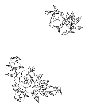 Floral frame with peonies flowers. Line art illustration isolated on a white background.
