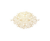 Floral gold decoration, frame, vignette. Arabic and Eastern motifs. Arab ornamental illustration, flower garland. Isolated line art ornaments. Golden ornament with leaves, curls for invitations, cards.