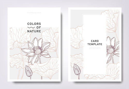 Floral greeting/invitation card template design, hand drawn lotus flowers with leaves, minimalist pastel style