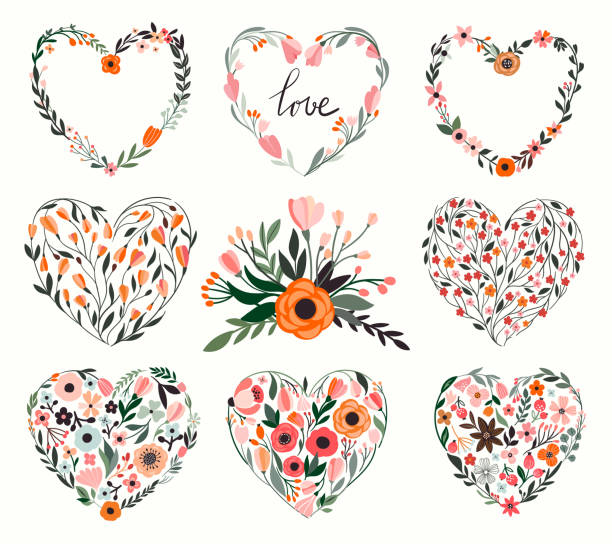 Floral hearts collection Floral hearts collection, 8 hand drawn decorative hearts for cards and invitations anniversary drawings stock illustrations