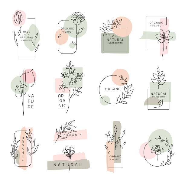 bildbanksillustrationer, clip art samt tecknat material och ikoner med blometiketter för naturliga och ekologiska produkter - blomkorg blomdel