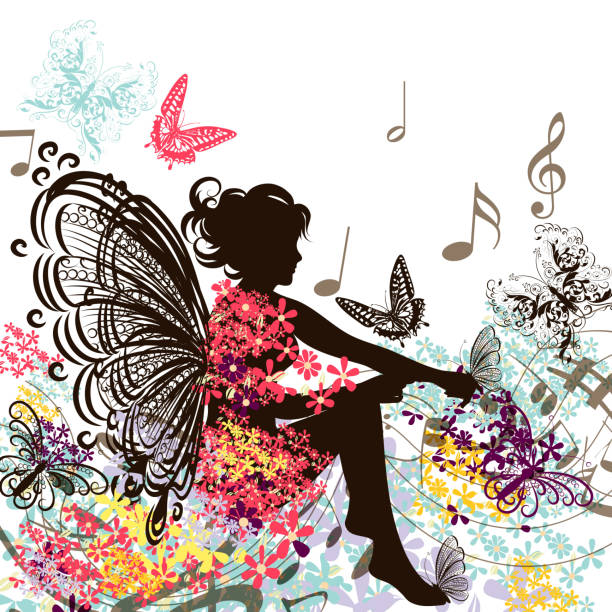 Floral music fairy with butterflies Illustration with floral fairy with floral dress sit in environment of butterflies and notes butterfly fairy flower white background stock illustrations