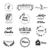 Floral ornament logo. Laurel leaves wreath frame, doodle flower leaf label and vintage flowers ornaments badges. Antique floral wedding decor vintage isolated vector icons set