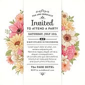 Invitation with colorful flowers and leaves.File is layered with global colors.Hi res jpeg without text included.More works like this linked below.