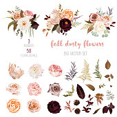 Dusty orange and creamy antique rose, beige and pale flowers, fern, creamy dahlia, ranunculus, protea, fall leaves big vector collection. Floral pastel watercolor style bouquets. Isolated and editable