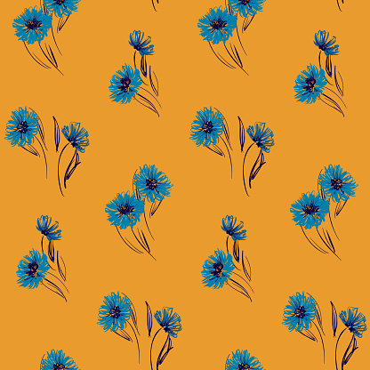 Floral pattern with cornflowers, seamless pattern with blue wildflowers in sketch style. Vector.