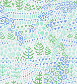Vector floral seamless pattern with abstract doodle plants, flowers, trees, and grass. Nature background for textile, fabric, surface or wrapping.