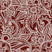 Floral seamless pattern. Doodle vector background with flowers, leaves. Indian ornament, henna style. Colorful oriental design. Vector pattern in mendi style. Paisley.