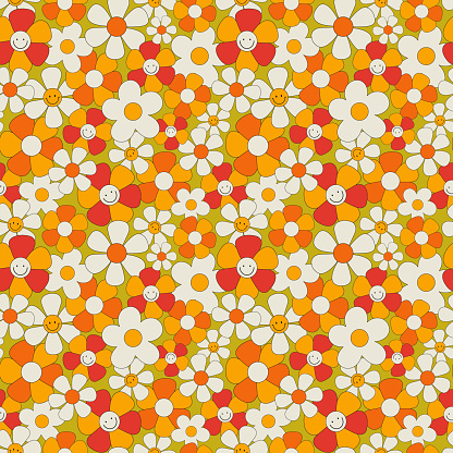 Floral seamless pattern in the style of the 70s. Digital paper with cartoon flowers. Vector illustration-Hippie style