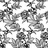 Line art peonies, buds and leaves. Vector floral seamless pattern. Detailed outline sketch drawing. Contour graphic, etching technique. Vintage background with beautiful flowers for textile, fabric.