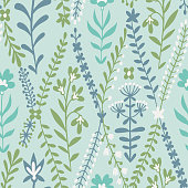 Field meadow plants, grass, herbs, stems and flowers. Silhouettes of botanical elements. Cute floral seamless pattern. Flat drawing. Folk decorative ethnic ornament for baby and kids.
