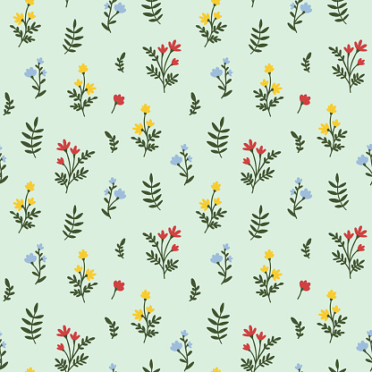 Floral Seamless Pattern. Small multicolor Meadow Flower. Tiny Wildflower with leaves. Ditsy style motif, template, texture. Vector mint green background for fashion, nursery print