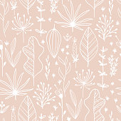 Floral seamless pattern with leaves and herbs. Hand drawn sketch line illustration in simple scandinavian style in limited pastel color. Ideal for printing onto fabric, textile, packaging, wallpaper.