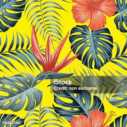 istock Floral seamless pattern with leaves. tropical background 1366627267