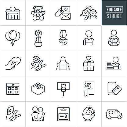 A set of florist icons that include editable strokes or outlines using the EPS vector file. The icons include a florist, floral shop, flowers, fresh flowers, teddy bear, gifts, card, love note, balloons, flower in vase, rose, apron, merchant, calendar, chocolate, flower delivery, couple, gift card, chocolate strawberry, delivery van and concepts of love and gift giving.