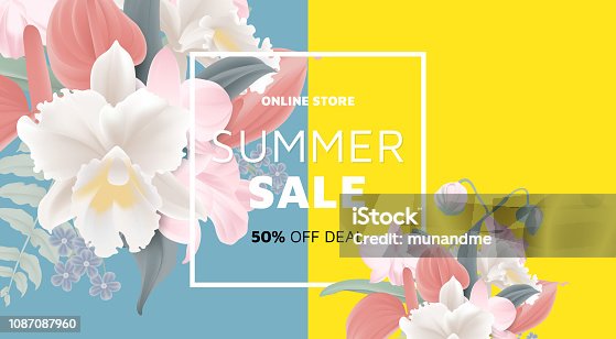istock Floral summer sale banner template design, bouquets of orchid, pink Dendrobium orchid, white Cattleya orchid, red Anthurium flowers and fern on blue and yellow background, pastel theme 1087087960