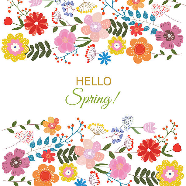 Floral Texture Floral vector card with text Hello spring. Isolated colorful flowers. flower clipart stock illustrations