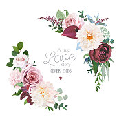 Floral vector round frame of cinnamon, brown, dusty pink, marsala roses, dahlia, burgundy anthurium flowers, greenery, astilbe. Half moon shape wedding bouquets. All elements are isolated and editable