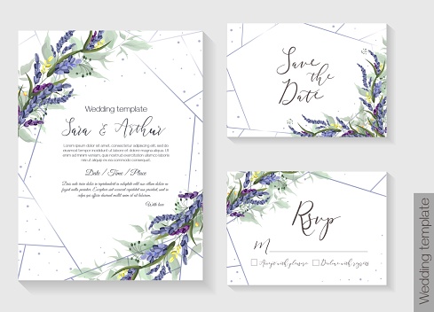 Floral vector template for wedding invitation. Lavender
