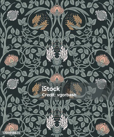 istock Floral vintage seamless pattern for retro wallpapers. Enchanted Vintage Flowers.  Arts and Crafts movement inspired. Design for wrapping paper, wallpaper. 1304918635