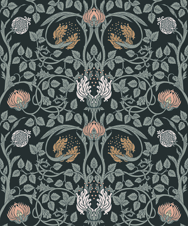Floral vintage seamless pattern for retro wallpapers. Enchanted Vintage Flowers.  Arts and Crafts movement inspired. Design for wrapping paper, wallpaper.