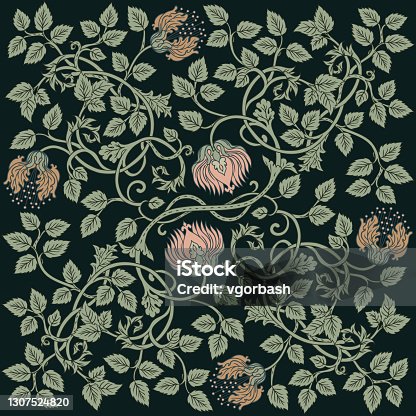istock Floral vintage seamless pattern for retro wallpapers. Enchanted Vintage Flowers.  Arts and Crafts movement inspired. Design for wrapping paper, wallpaper. 1307524820