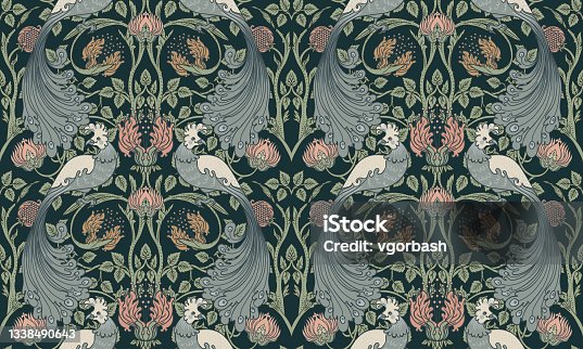 istock Floral vintage seamless pattern wit birds for retro wallpapers. Enchanted Vintage Flowers.  Arts and Crafts movement inspired. William Morris style 1338490643