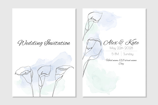 Floral watercolour wedding invitation with blue calla lilies