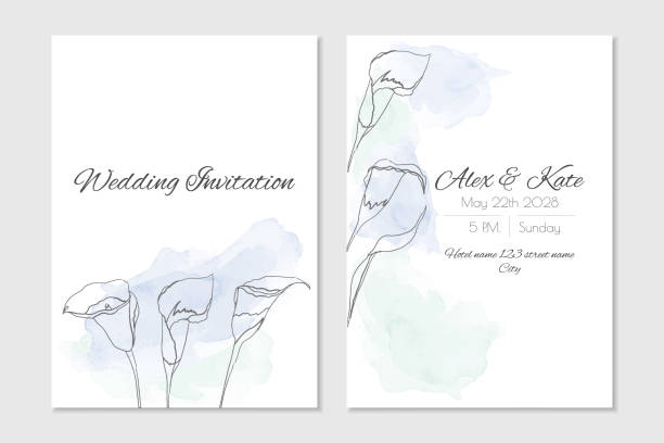 ilustraciones, imágenes clip art, dibujos animados e iconos de stock de invitación floral de boda de acuarela con lirios de calla azul - alcaraz