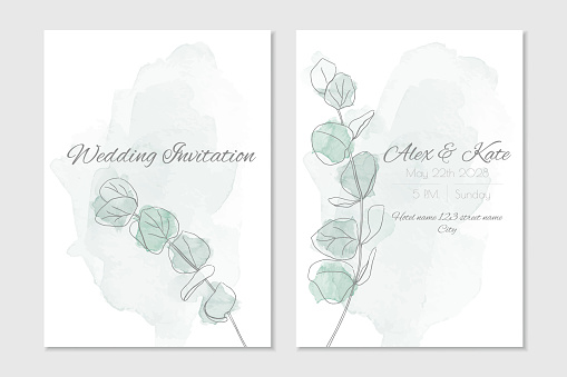 Floral watercolour wedding invitation with eucalyptus branch