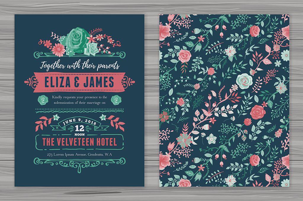 A wedding invitation template adorned with floral elements. EPS 10 file, layered & grouped for easy editing.