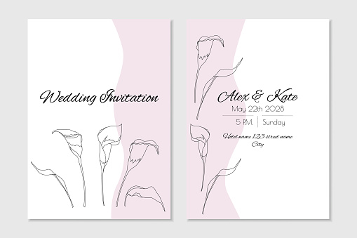 Floral wedding invitation with pink border and calla lilies