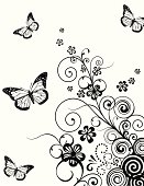 Floral with butterfly background.Color as you wish.All elements are individual objects arranged on clearly labeled layers, global colors used. Hi res jpeg included. Click on my portfolio to see more of my illustrations.