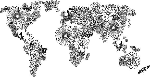 Floral world map for coloring books Hand drawn flowers and butterflies forming a simplified world map in black and white flower coloring pages stock illustrations