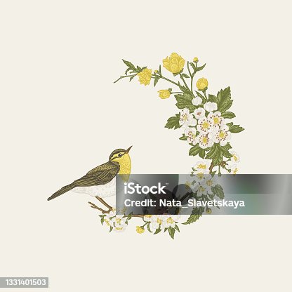 istock Floral wreath with bird. 1331401503