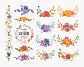A set of floral wreaths, bouquets, borders and other floral elements, perfect for wedding invitations, greeting cards and other seasonal collaterals. EPS 10 file, layered & grouped.