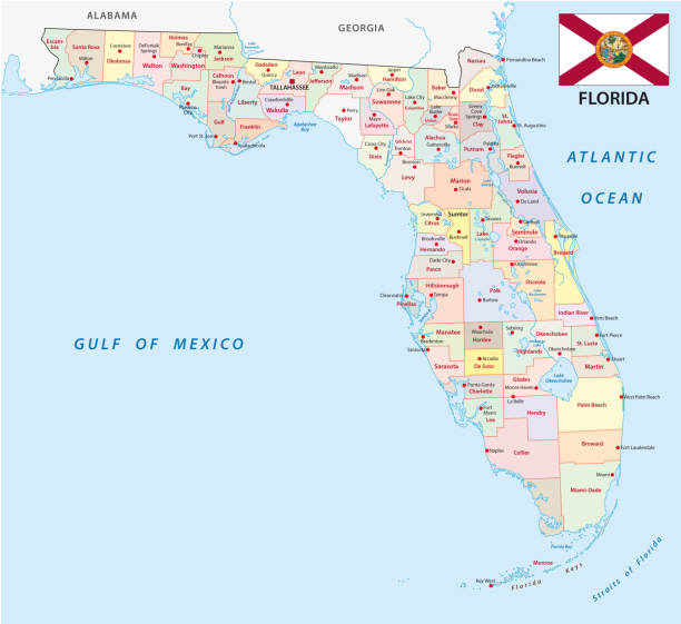 Florida administrative and political map with flag Florida administrative and political vector map with flag florida beaches map stock illustrations