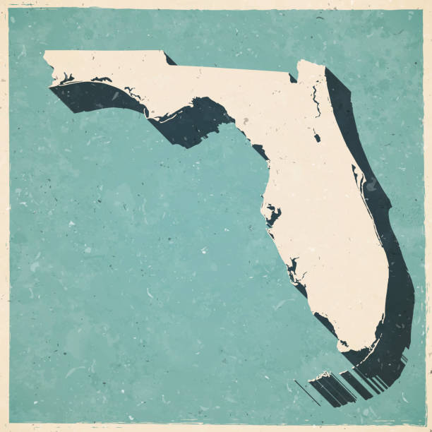 Florida map in retro vintage style - Old textured paper Map of Florida in a trendy vintage style. Beautiful retro illustration with old textured paper and a black long shadow (colors used: blue, green, beige and black). Vector Illustration (EPS10, well layered and grouped). Easy to edit, manipulate, resize or colorize. florida us state stock illustrations